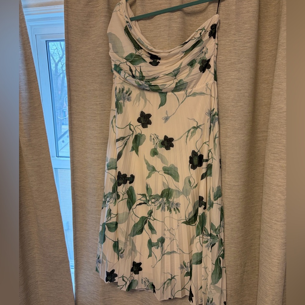 H&M White Midi Dress with Green Leaf and Black Floral Print